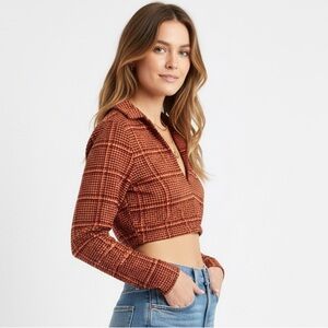 Zara Cropped Houndstooth Button-Front Top - XS Preppy Dark Academia Cottagecore